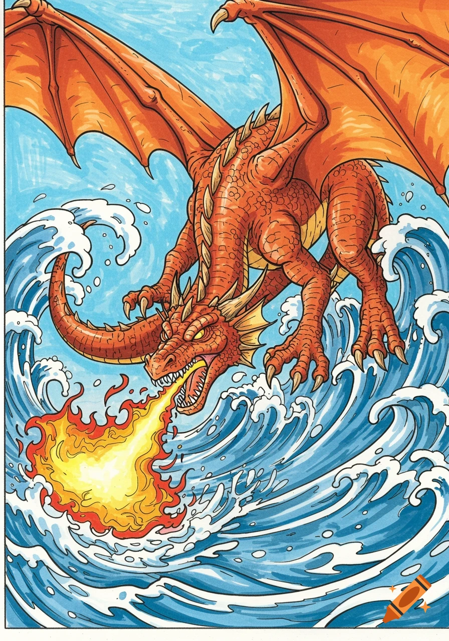 A vibrant coloring book illustration of a red dragon breathing fire as it dives into blue water with white waves under a light blue sky.