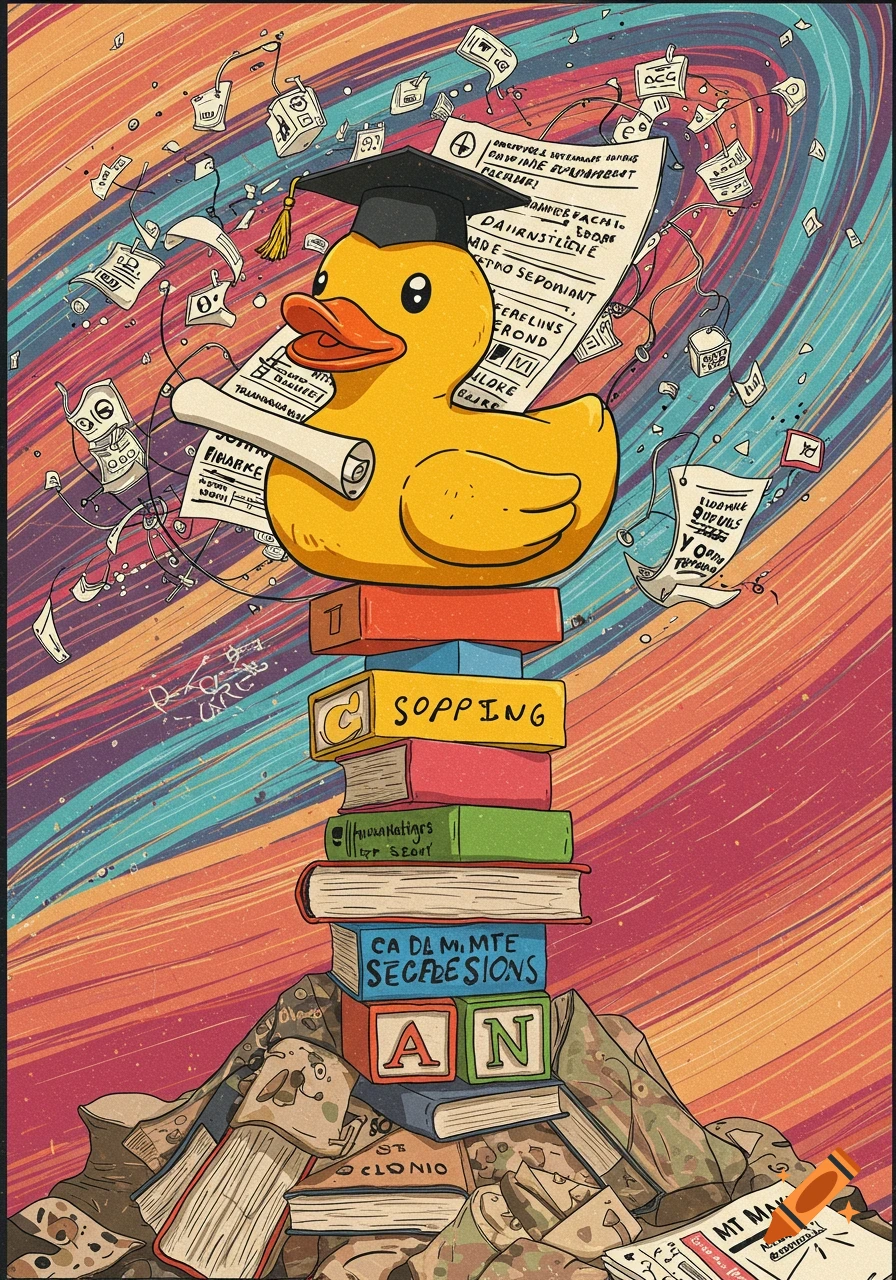 A cartoon rubber duck wearing a graduation cap sits atop a stack of colorful books with various papers swirling around it against a vibrant, swirling background, stylized as a messy academic journal.