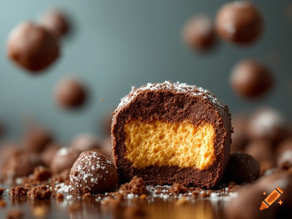 A close-up, photorealistic image of a chocolate treat cut in half, revealing a light orange filling, surrounded by chocolate crumbs and other chocolate candies, with some floating in the background.