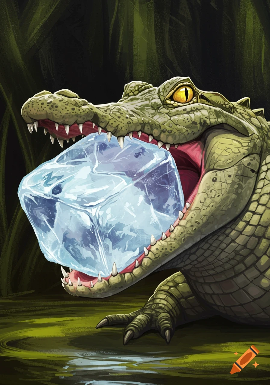 A cartoon alligator with a large ice cube in its mouth, in a swampy jungle setting.