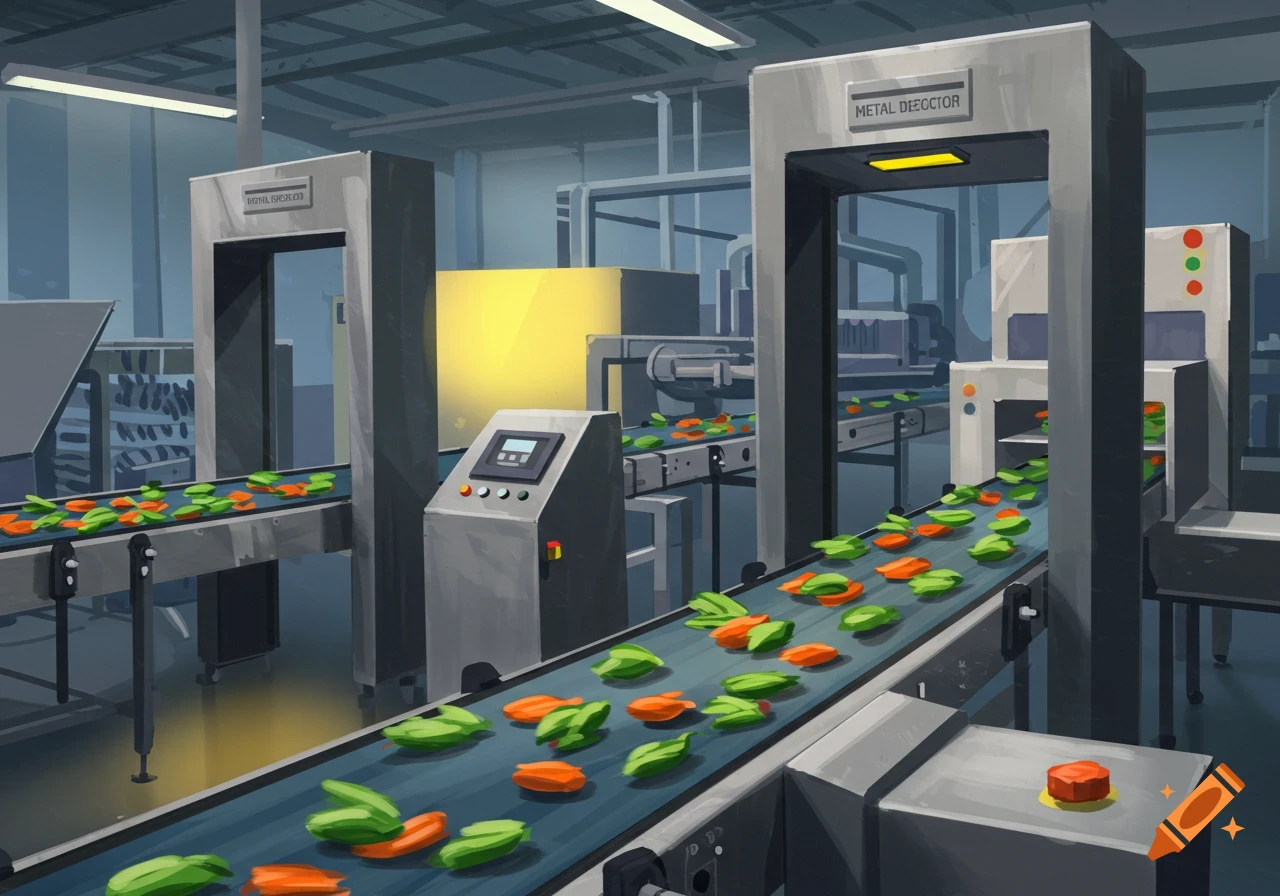 Stylized illustration of a food processing factory with conveyor belts carrying green and orange items through metal detectors.