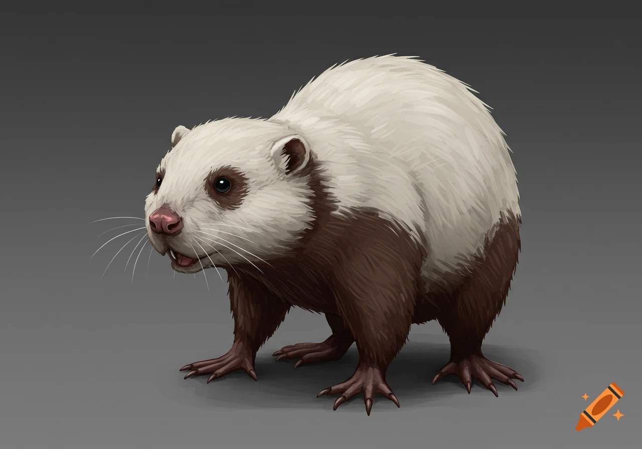 A white and brown furry creature resembling a beaver with dark eyes and a pink nose stands on a gray background, facing left.