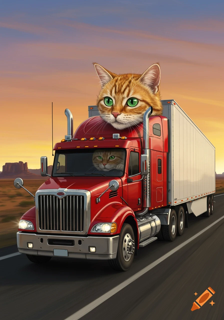 A large orange tabby cat's head emerges from the roof of a red semi-truck, driven by another cat, on a highway at sunset.