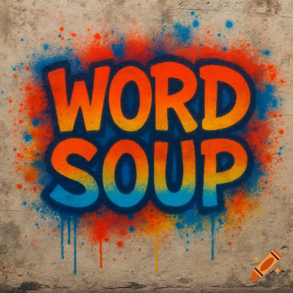 Colorful graffiti of the words 'WORD SOUP' spray-painted on a textured concrete wall.