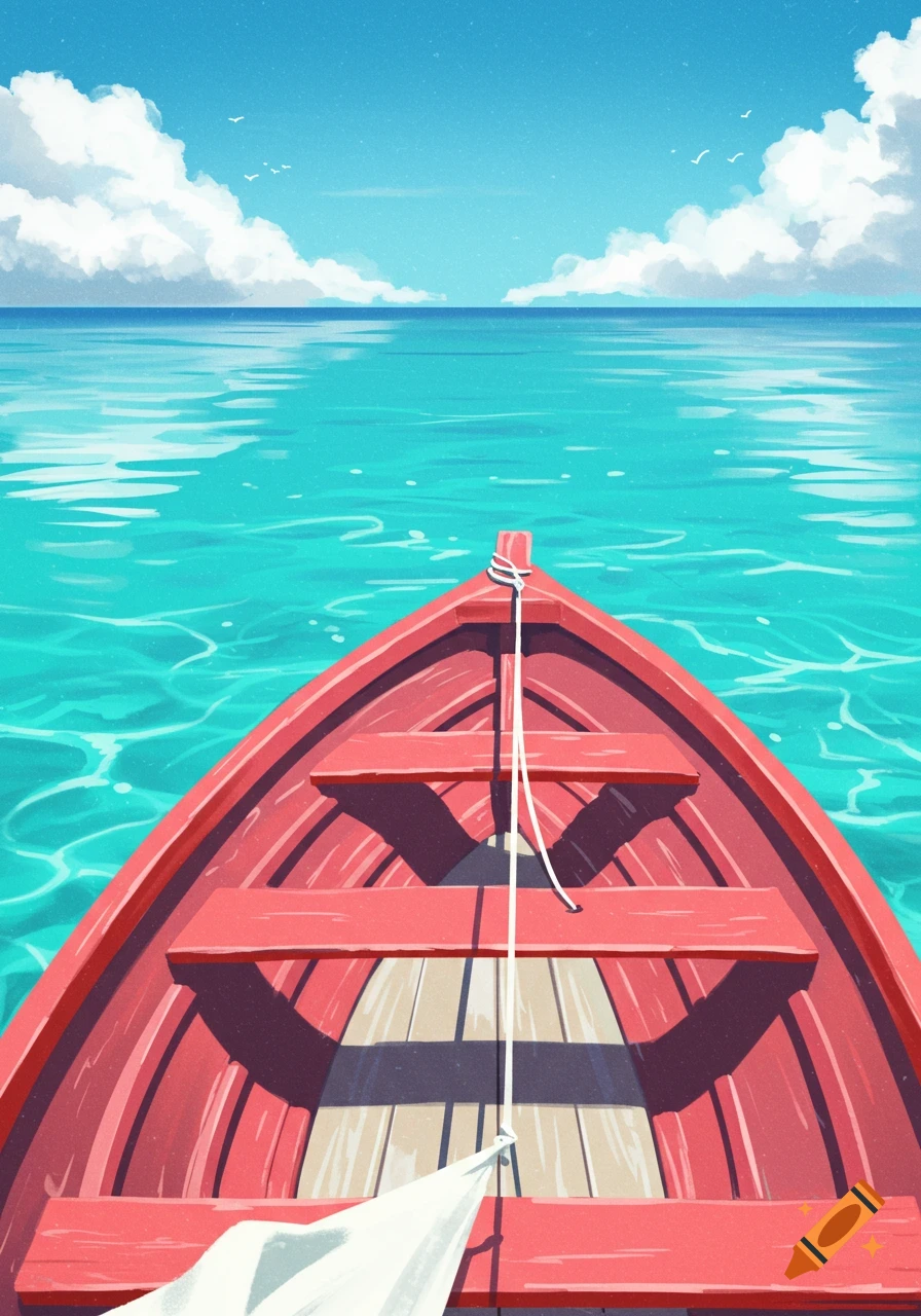 A vibrant illustration from the bow of a red dinghy boat on clear turquoise water under a bright blue sky with white clouds.