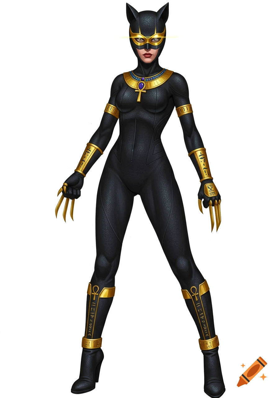 Female vigilante in a black catsuit with gold cat-ear mask, ankh necklace, and clawed gloves with hieroglyphic patterns, standing on white background.