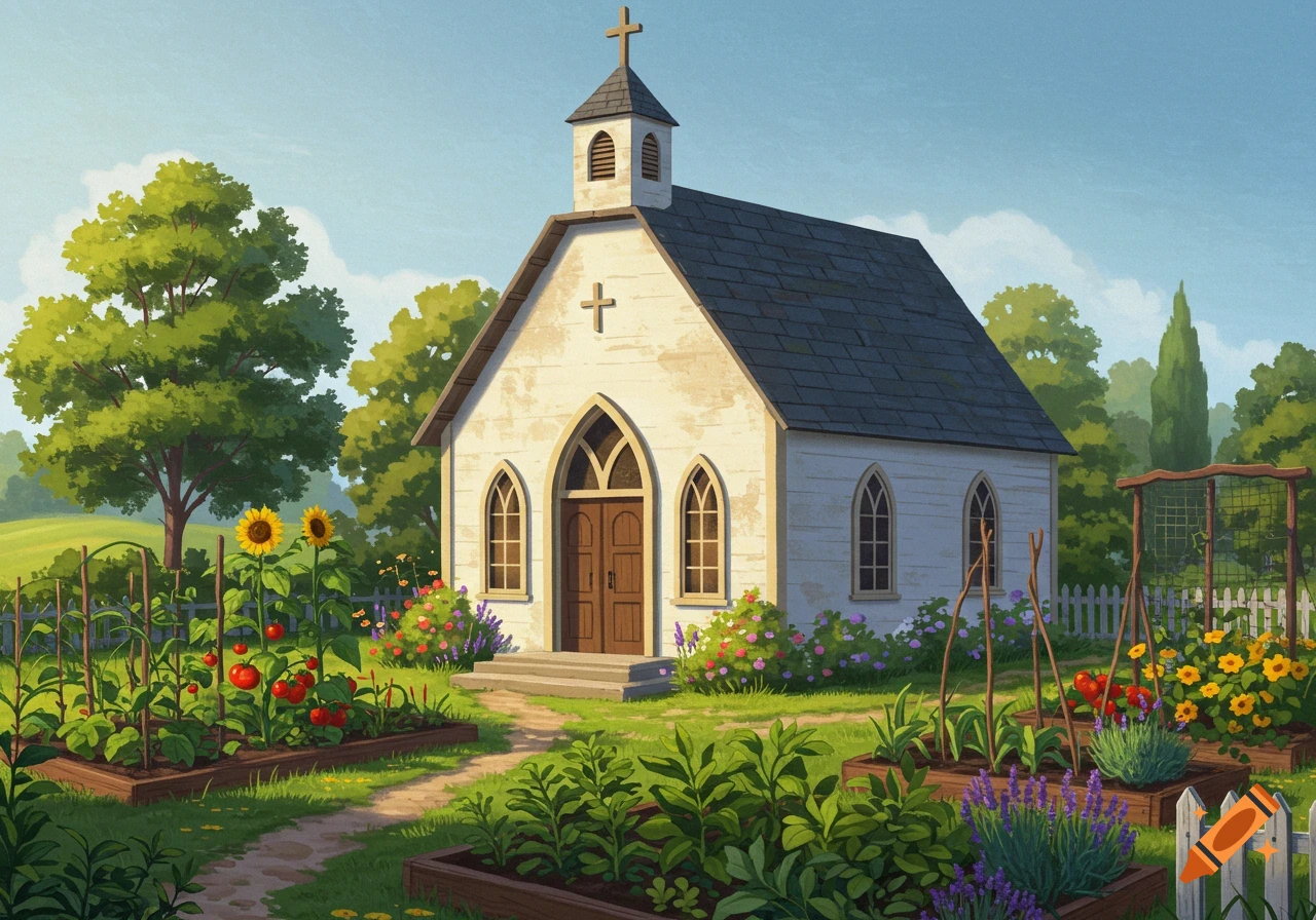 A charming white church with a steeple stands amidst a vibrant community garden featuring sunflowers, tomatoes, and other plants, in an illustrative style.