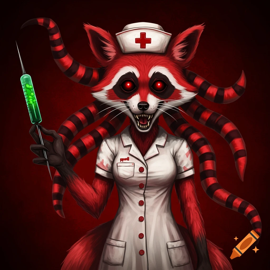An evil red raccoon-fox creature in a nurse uniform with red and black striped tentacles holds a glowing green syringe against a red background.