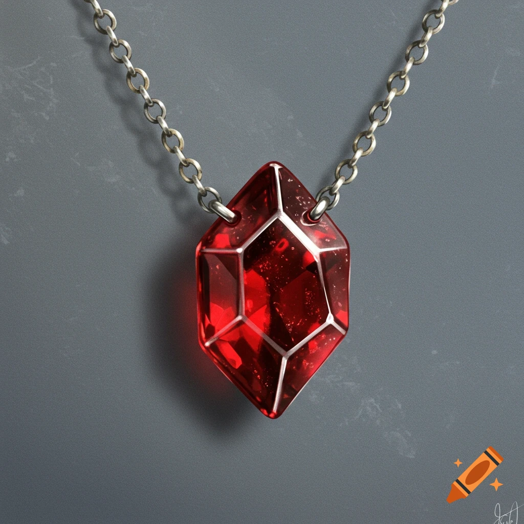 A bright red crystal pendant hangs from a silver chain against a dark gray background.