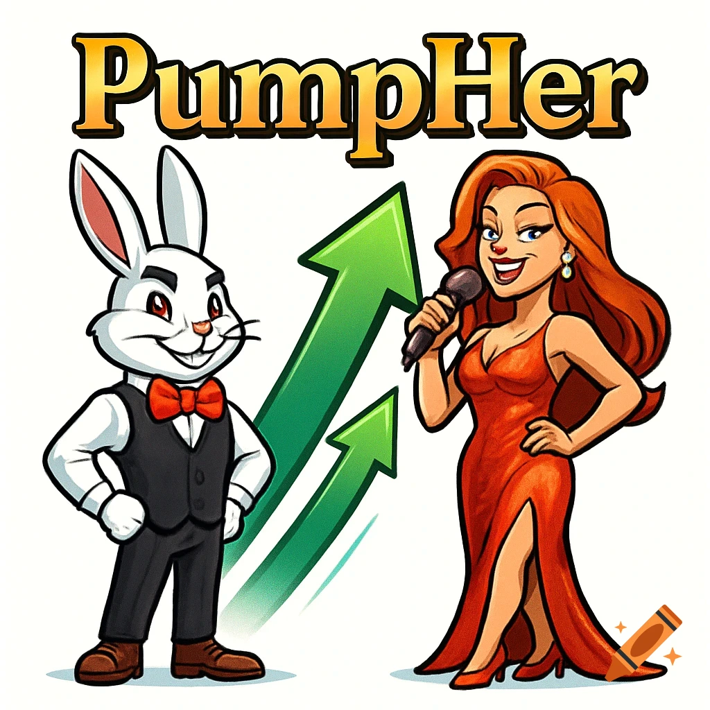 A cartoon rabbit in a suit and a female singer in a red dress stand beside two green arrows pointing upward, with the word "PumpHer" above them.