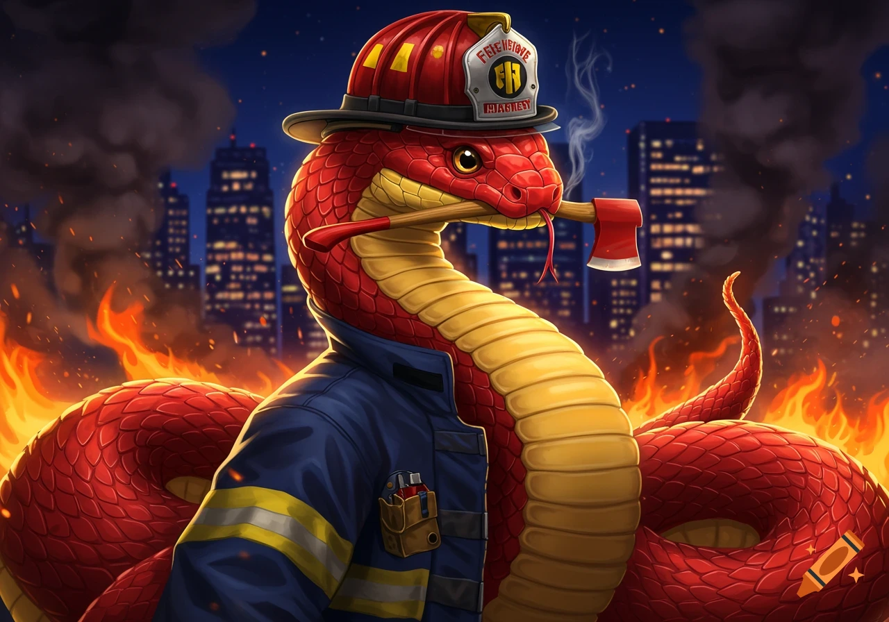 A red and yellow snake dressed as a firefighter wearing a helmet and blue jacket, holding an axe in its mouth, stands in front of a burning city skyline.