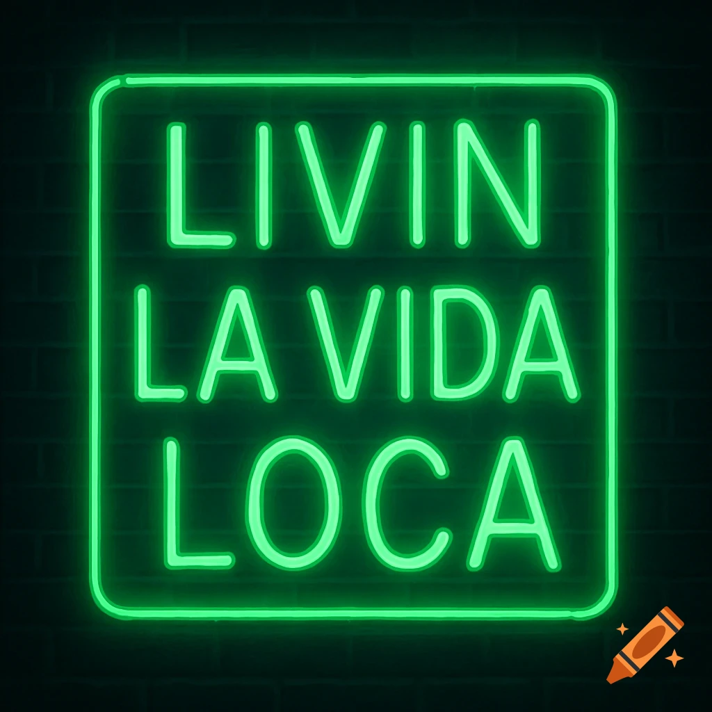Green neon sign displaying 'LIVIN LA VIDA LOCA' on a dark brick wall.