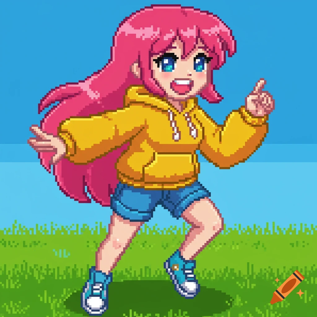 Pixel art of a cheerful girl with pink hair, yellow hoodie, and blue shorts running in a grassy field, smiling and pointing.