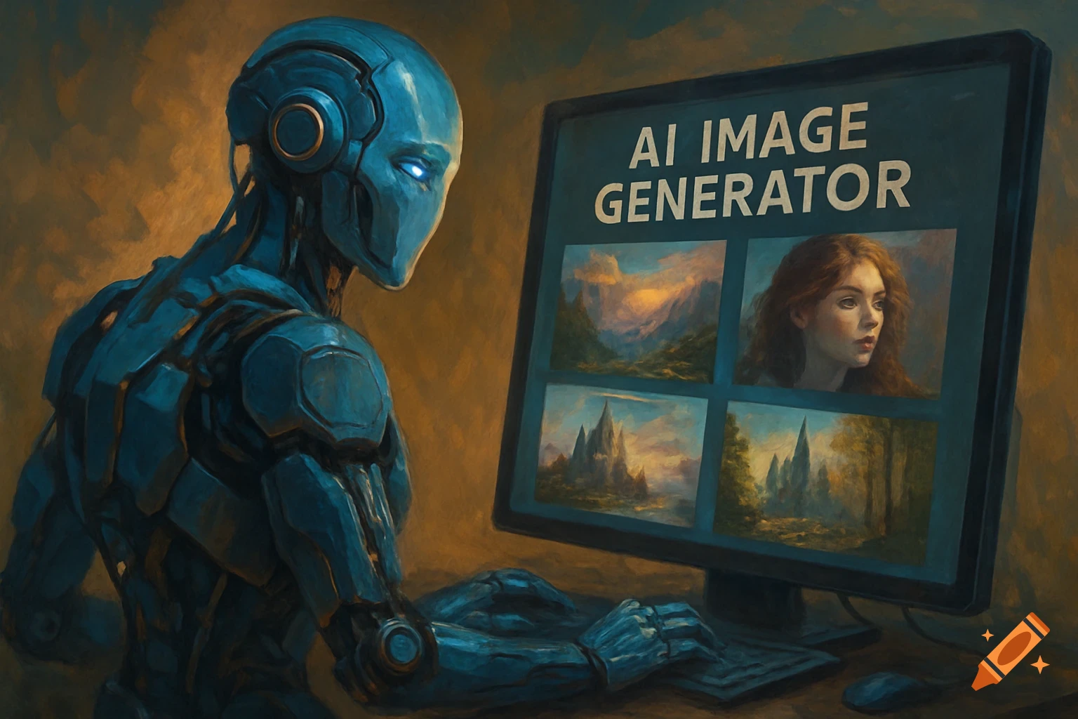 A blue robot with glowing eyes operates a computer displaying 'AI IMAGE GENERATOR' and example images in a painterly style.