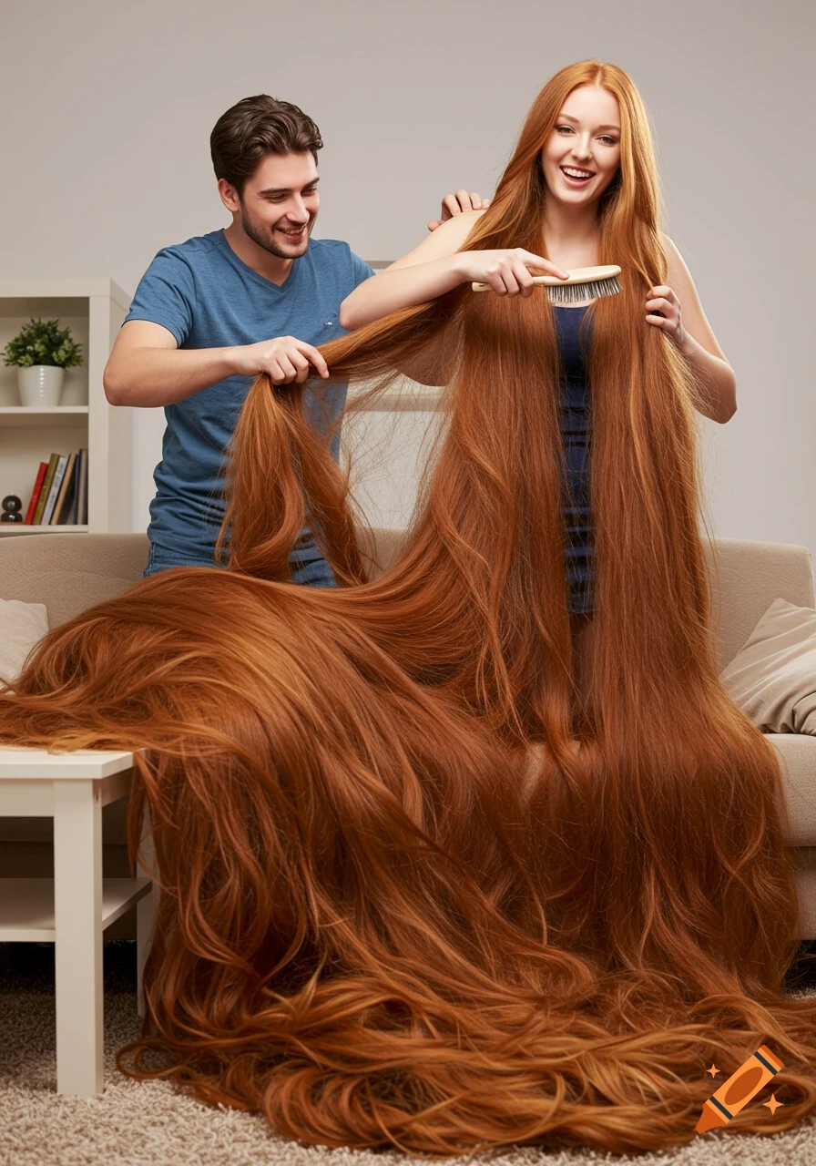 A photorealistic image of a woman with extremely long, thick red hair being brushed by a man in a living room.