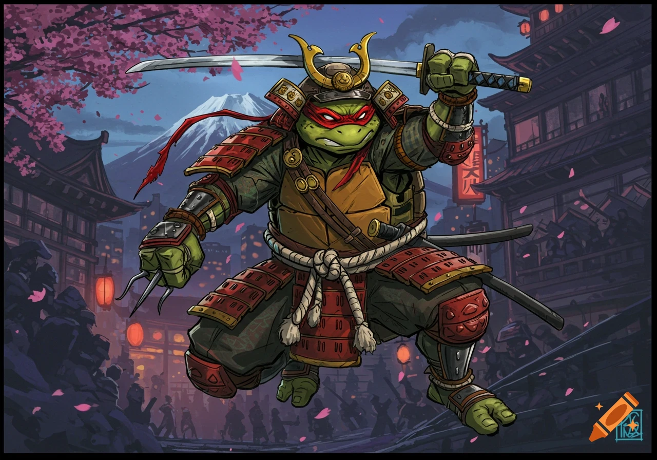 A cartoon illustration of Raphael from Teenage Mutant Ninja Turtles dressed as a samurai, wielding a katana and sai, in a stylized Japanese city at dusk with cherry blossoms and Mount Fuji in the background.