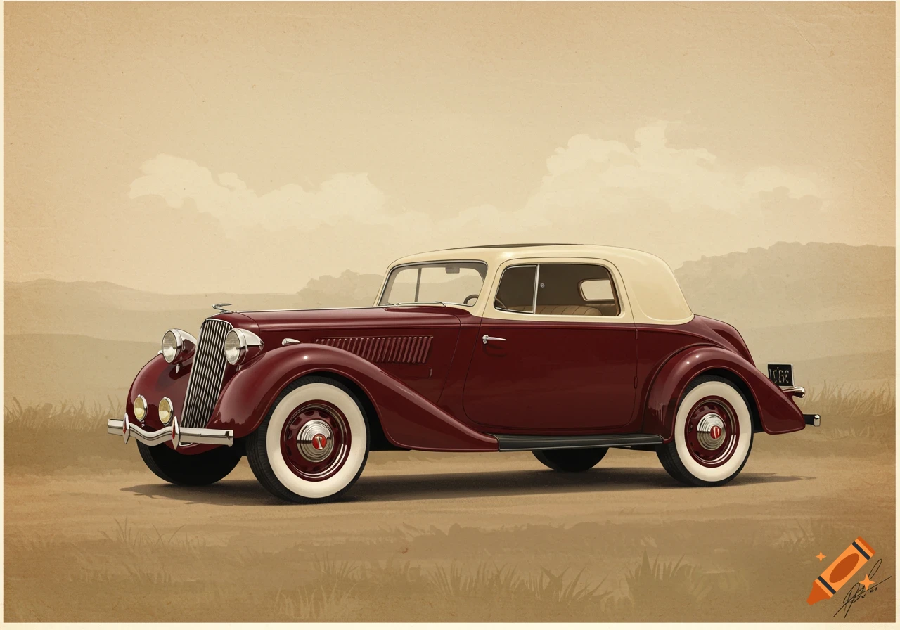 Side view of a vintage 1930s maroon and cream classic car with whitewall tires against a sepia-toned landscape.