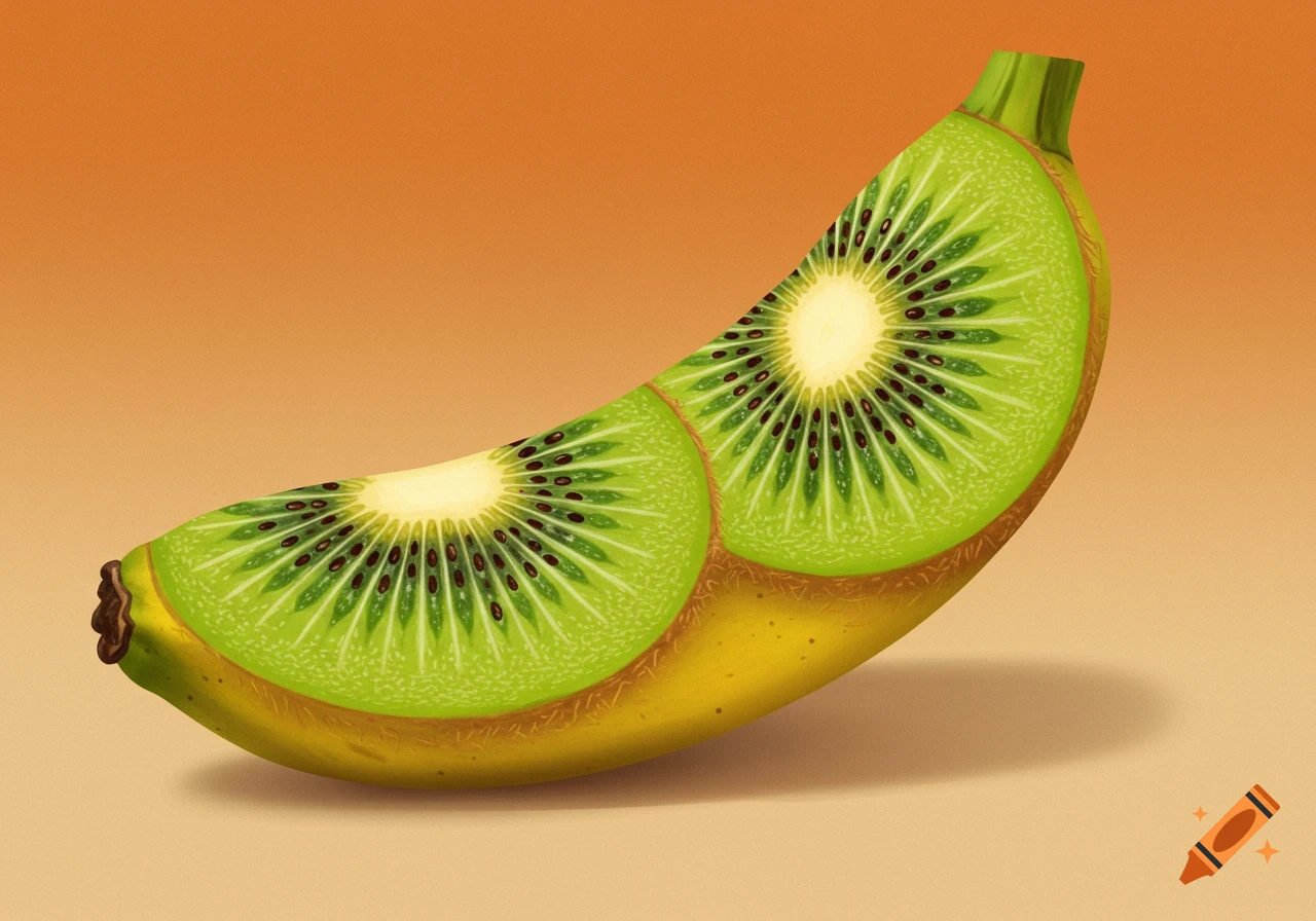 An illustration of a banana with two kiwi fruit cross-sections embedded in its skin, on an orange gradient background.