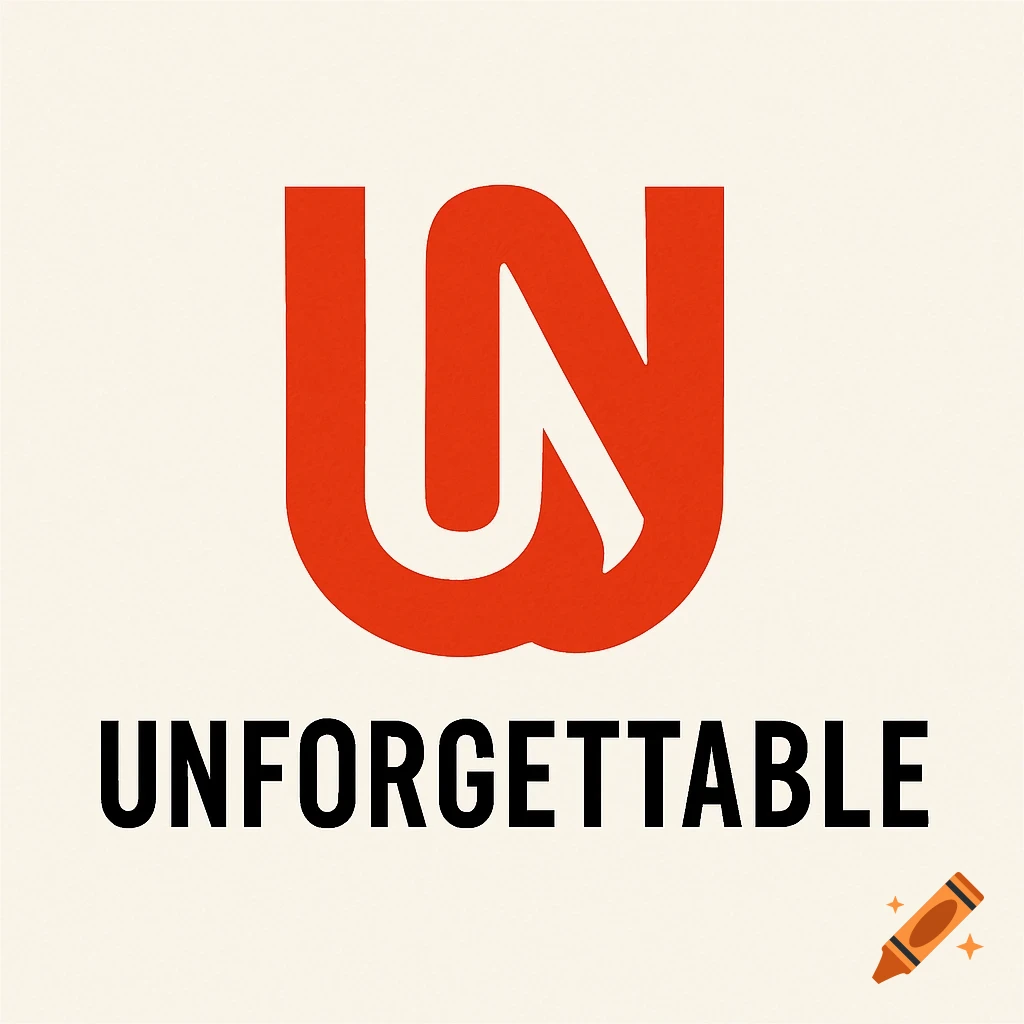 A red stylized 'UN' logo above the black word 'UNFORGETTABLE' on a cream background.