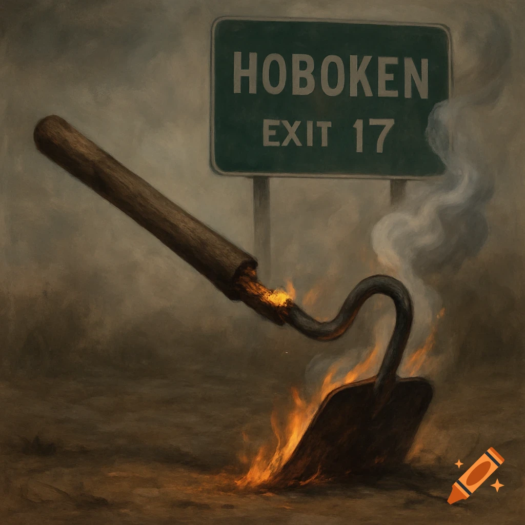 A painting of a broken garden hoe burning and smoking in the foreground with a green 'HOBOKEN EXIT 17' road sign in the smoky background.