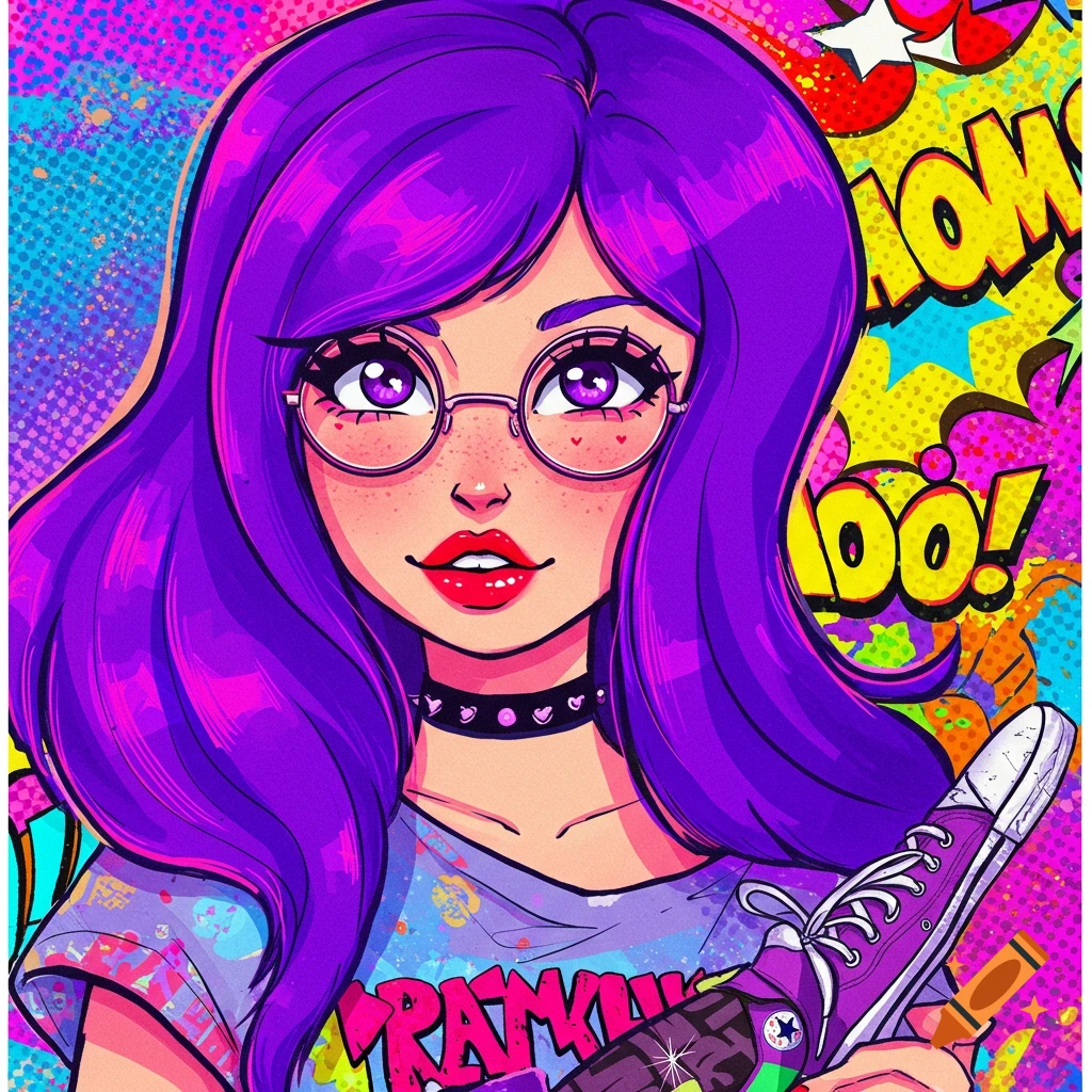 A vibrant cartoon portrait of Ramona Flowers with long purple hair, red lips, glasses, and a choker, holding a purple sneaker, set against a colorful pop art background with text like "BOOM!"
