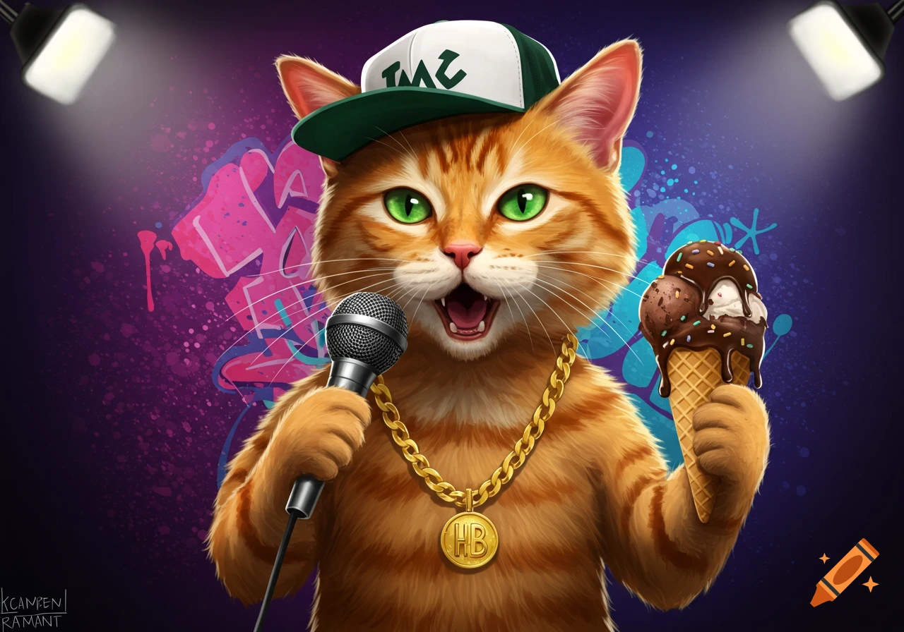 An orange cat with green eyes wears a backward baseball cap and gold chain, holding a microphone in one paw and an ice cream cone in the other, against a vibrant graffiti-covered background.