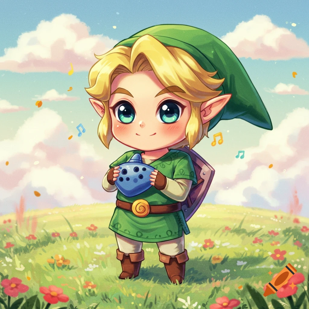 A cute, chibi-style Link from The Legend of Zelda plays an ocarina in a vibrant green field with flowers under a blue sky.