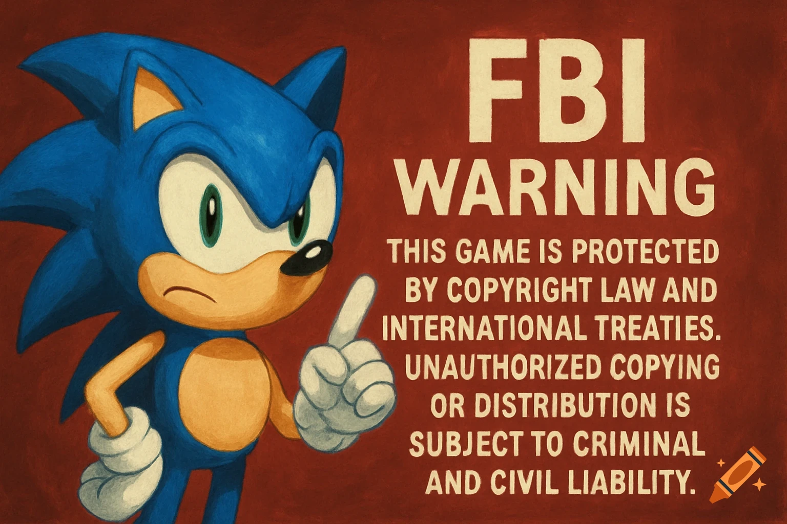 Sonic the Hedgehog pointing next to an FBI WARNING sign on a red background in a painterly style.
