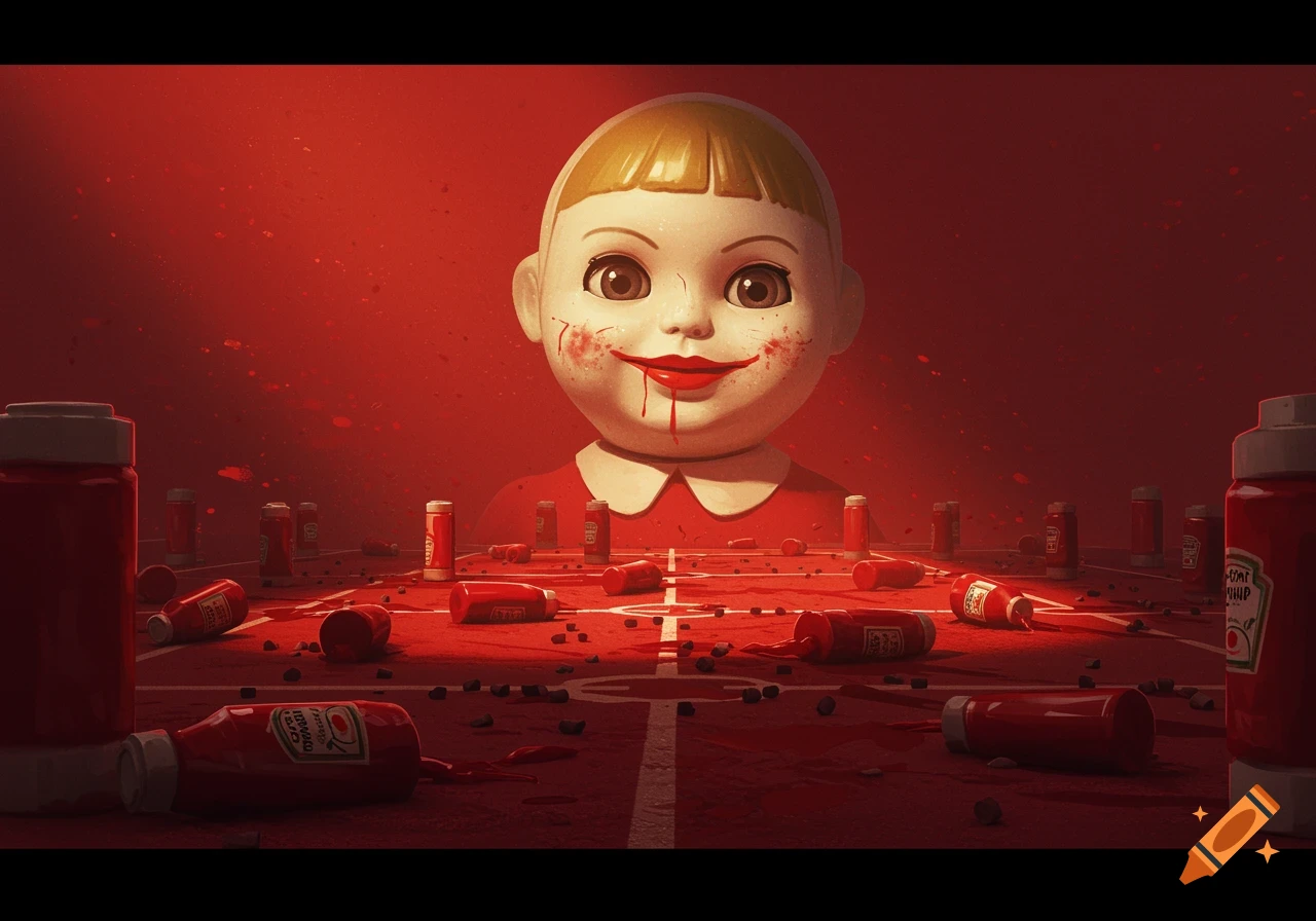 A creepy, giant doll with red liquid resembling blood on its face and lips, stands in a red field surrounded by spilled ketchup bottles, mimicking a Squid Game setting. The scene is dark and ominous, with a spotlight on the doll.