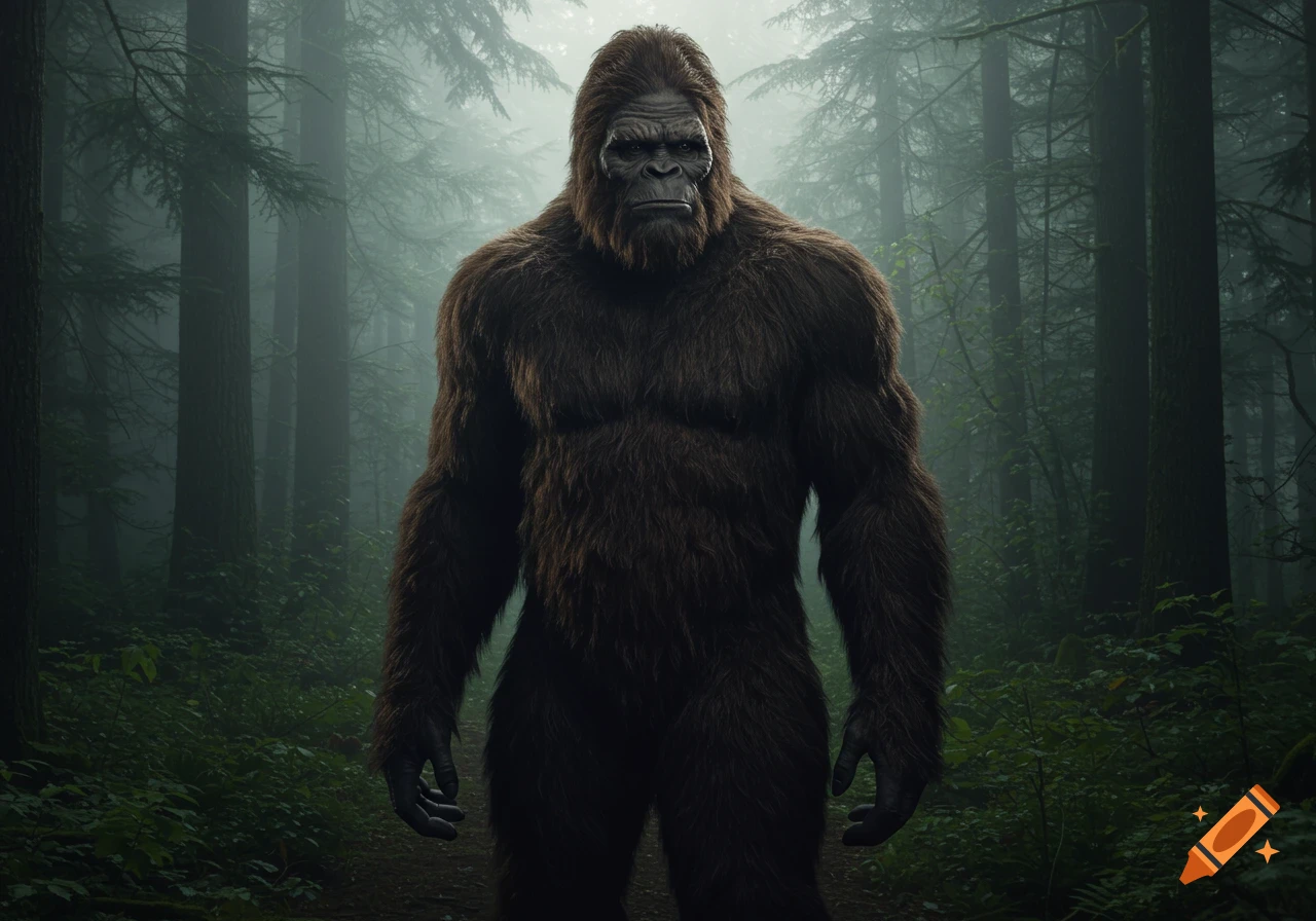 Photorealistic image of Bigfoot standing in a misty, dark forest, looking directly ahead.