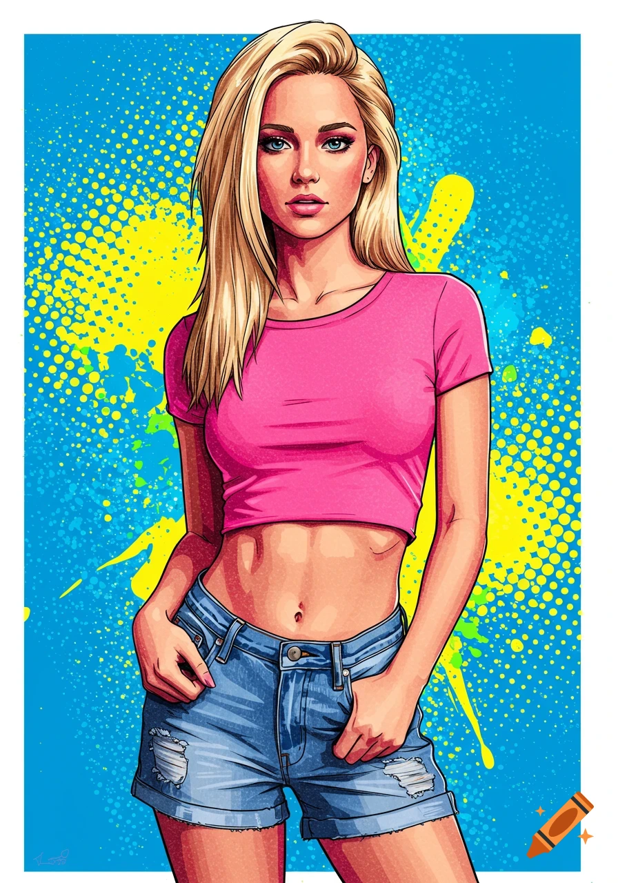 Blond woman in pink crop top and denim shorts against a blue and yellow pop art background.