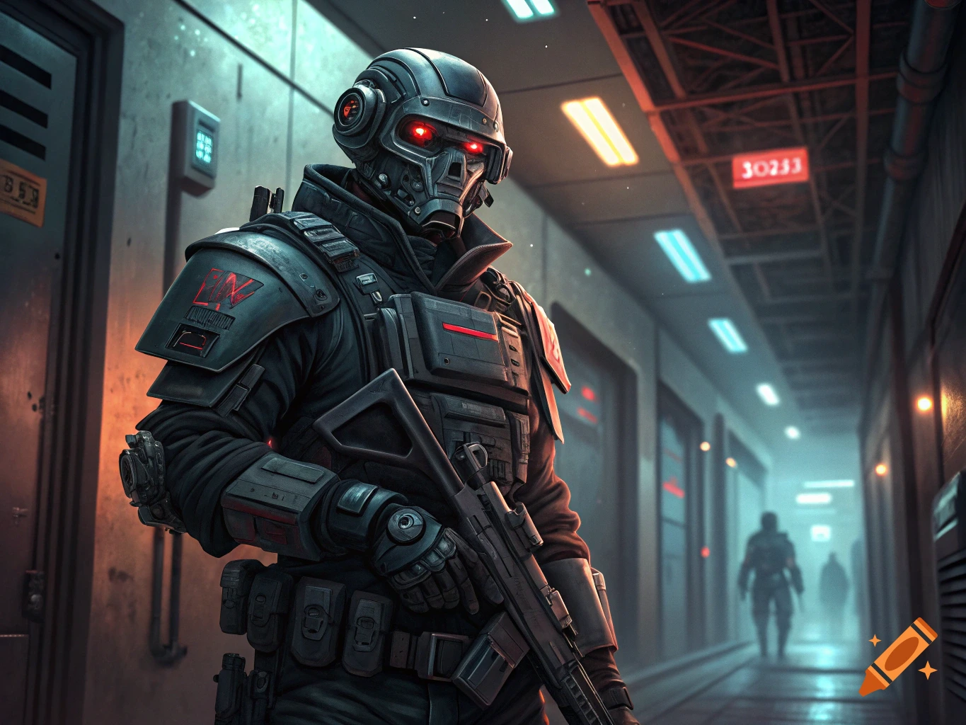 A futuristic soldier in dark armor and a gas mask with glowing red eyes stands in a dimly lit hallway, holding a rifle.