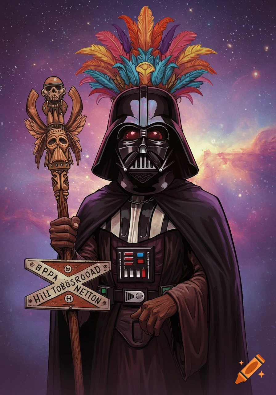 An illustration of Darth Vader wearing a colorful feathered headdress and holding a skull-adorned staff and a street sign.