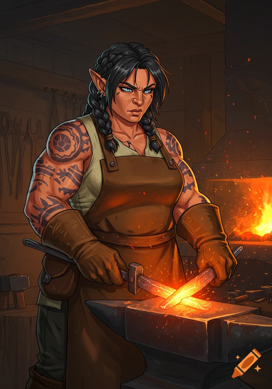 A muscular dwarven woman blacksmith with braided hair and tattoos hammering glowing metal at an anvil in a forge, 1980s anime style.