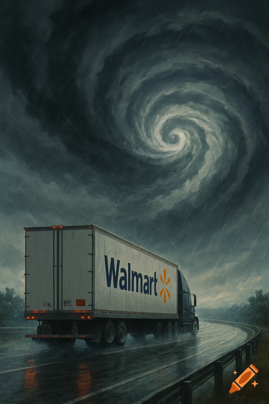 A Walmart tractor trailer drives on a rainy interstate beneath a swirling, dark hurricane sky.