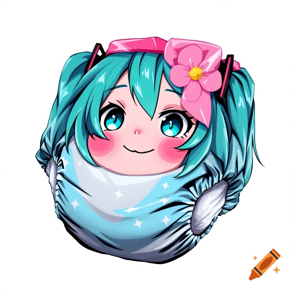 A cartoon-style image of Hatsune Miku's face on a light blue disposable diaper with white stars.