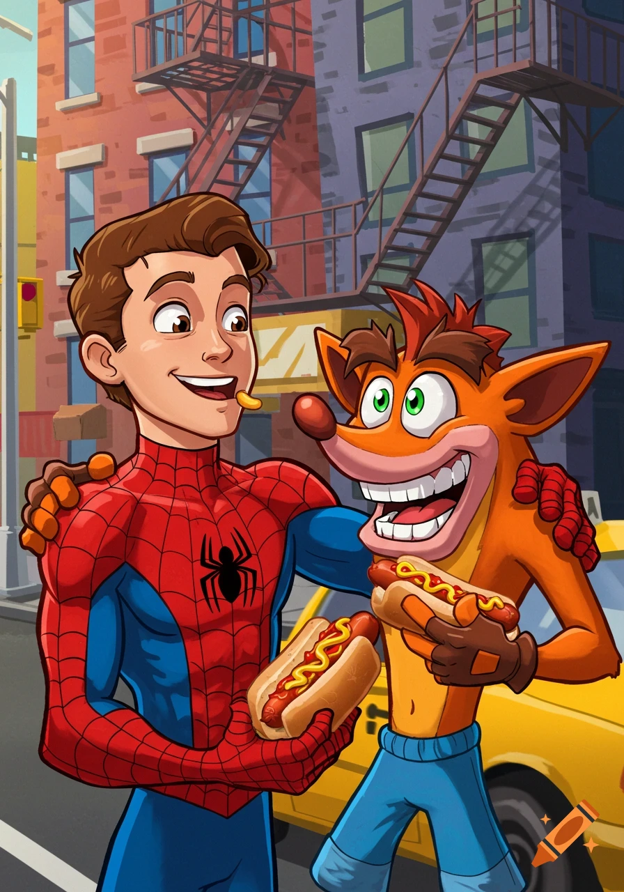 Cartoon style image of Peter Parker in his Spider-Man suit and Crash Bandicoot, both smiling and holding hot dogs, on a city street.