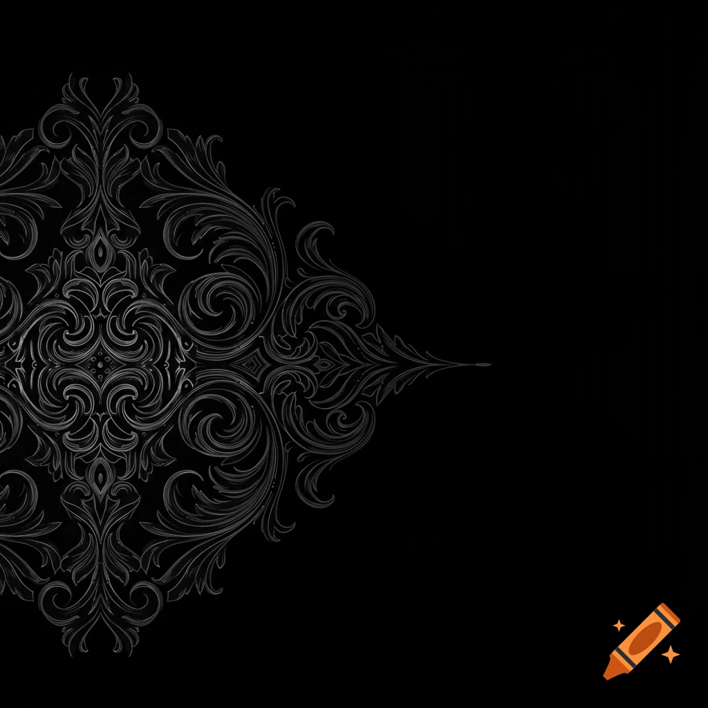 Ornate dark silver Gothic line art pattern on a black background.