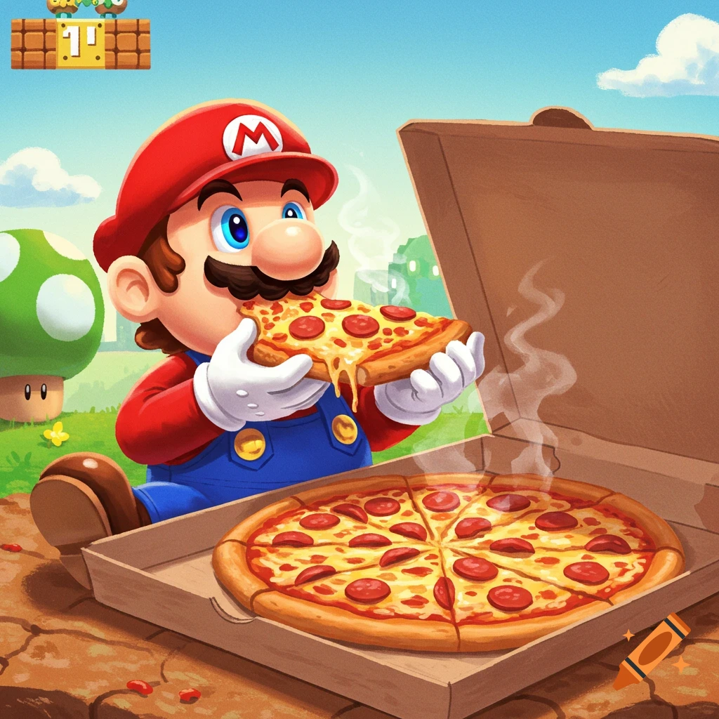 Cartoon illustration of Mario happily eating a slice of pepperoni pizza while sitting next to an open pizza box.
