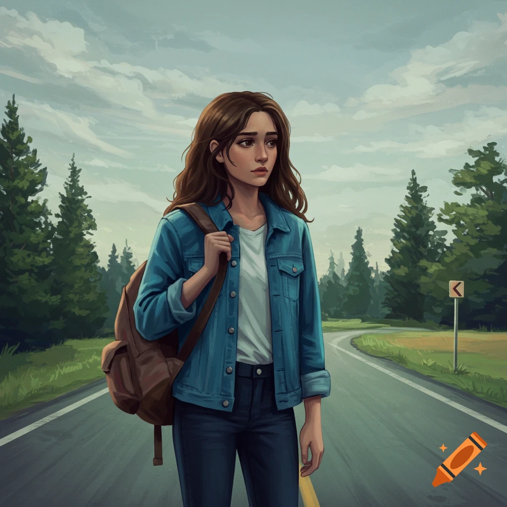 A young brunette woman with a backpack stands on a road, looking distressed, with trees and a cloudy sky in the background. Illustrated style.