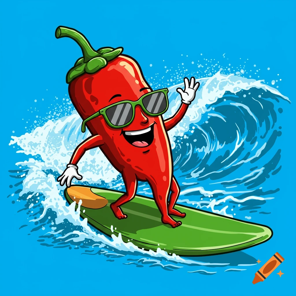 A vibrant cartoon red chili pepper character wearing sunglasses and smiling while surfing on a green surfboard on a blue wave.