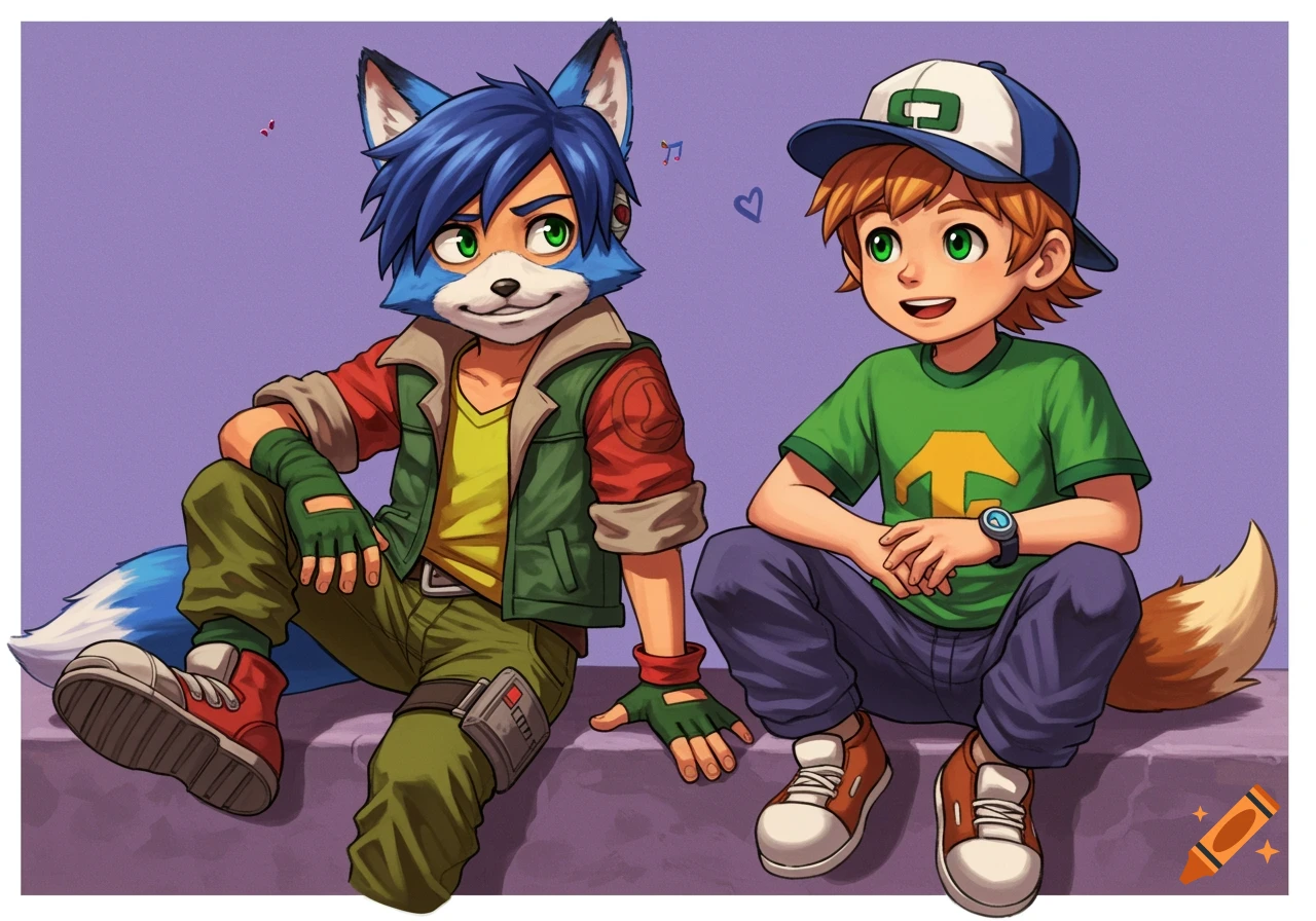 Anime illustration of a blue fox boy and a brown-haired human boy with a green shirt and baseball cap, sitting together.