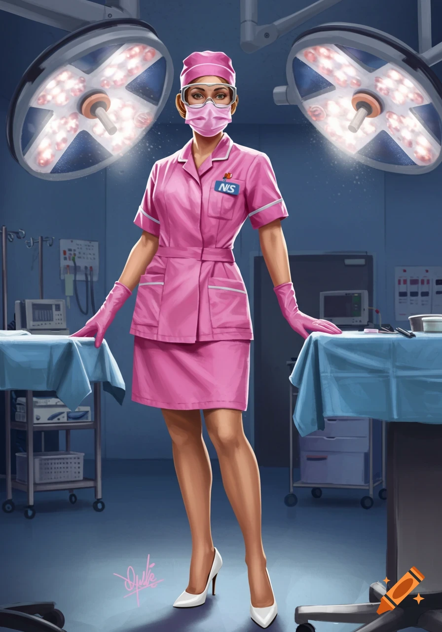 A female nurse in a pink uniform, mask, and gloves stands in an operating theatre, in an illustrative style.