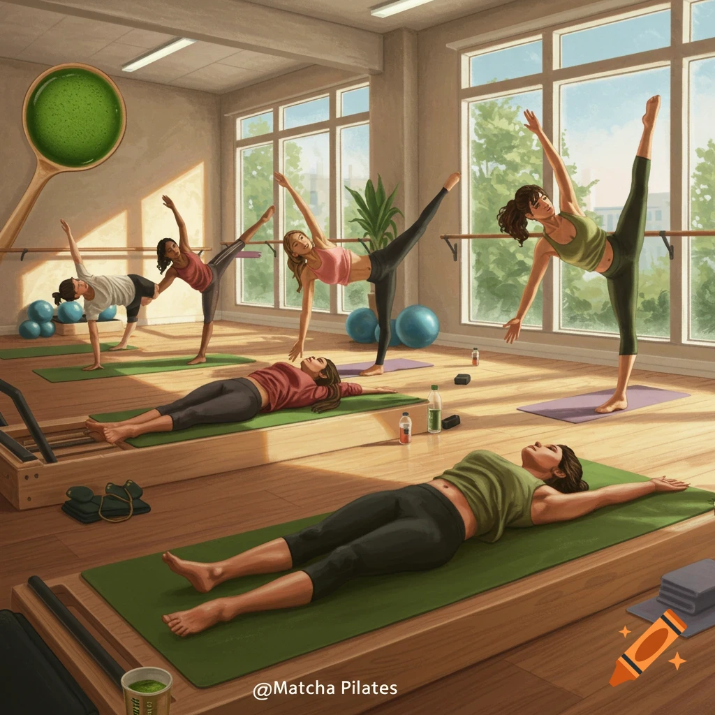 An illustration of several women practicing pilates in a bright studio, with a large spoon of matcha tea floating in the upper left corner.