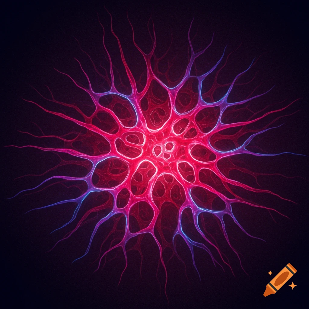 An abstract digital art piece resembling a glowing neural network or cell structure, radiating with vibrant red and blue light on a dark background.