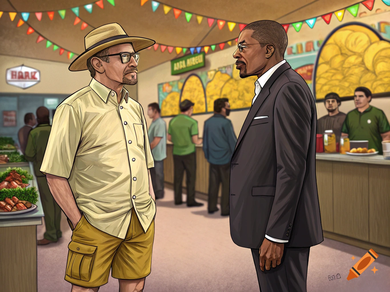 Two men, one in a straw hat and cargo shorts, the other in a suit, stand facing each other in an illustrative indoor market scene.