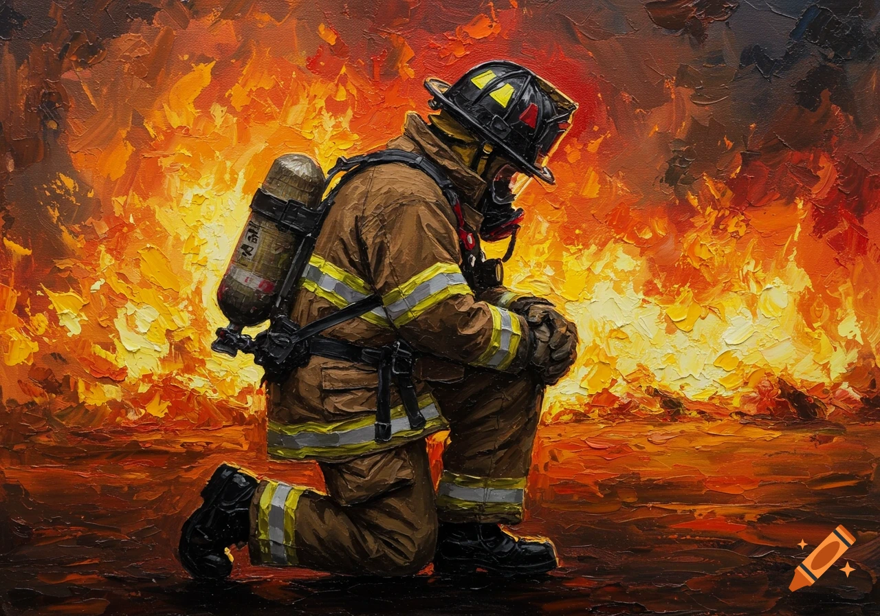 An oil painting of a firefighter in full gear, kneeling with head bowed, against a vibrant backdrop of orange and yellow flames.