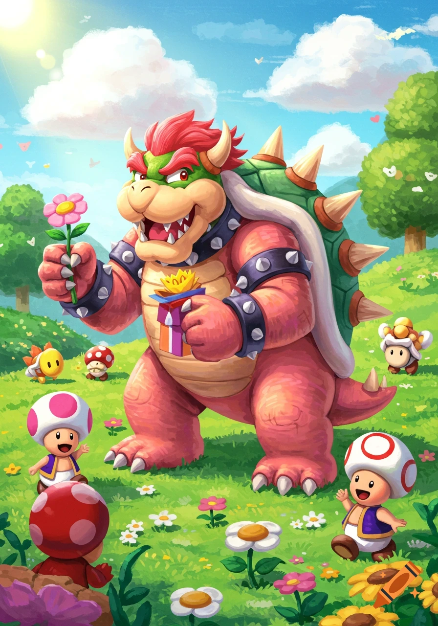Vibrant cartoon of Bowser holding a pink flower and a gift, surrounded by happy Toads and other characters in a sunny, grassy field.