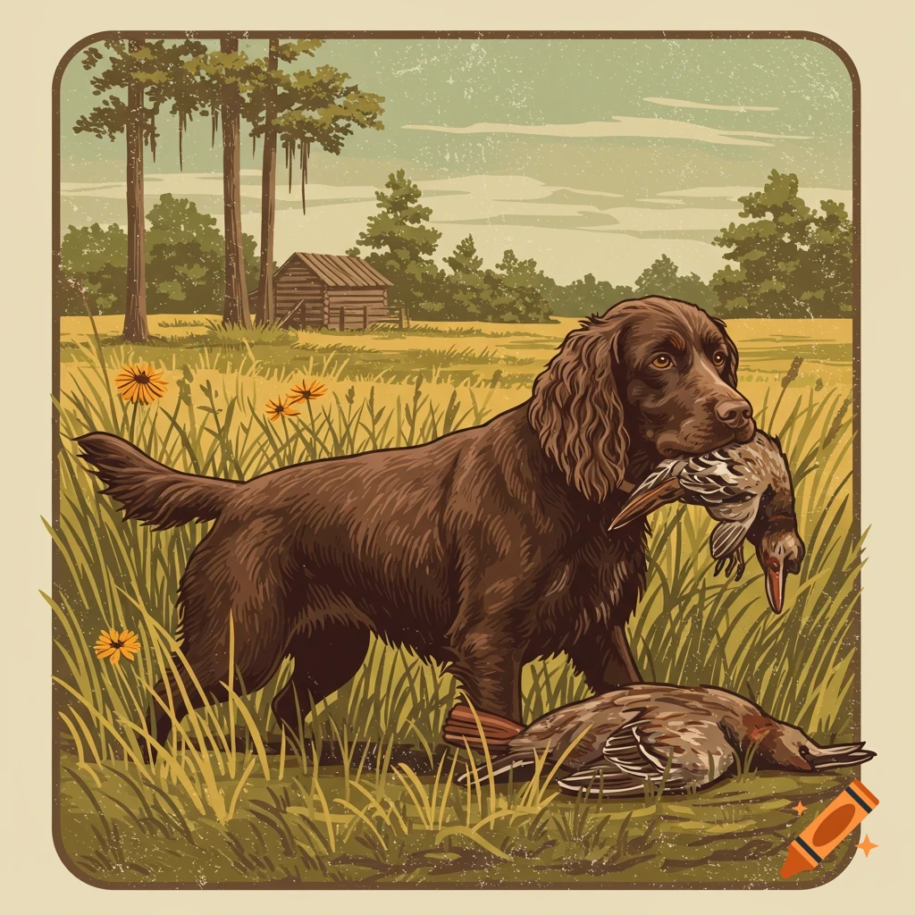 A Boykin Spaniel holding a retrieved duck, with another on the ground, in a grassy field with trees and a cabin in a vintage vector art style.