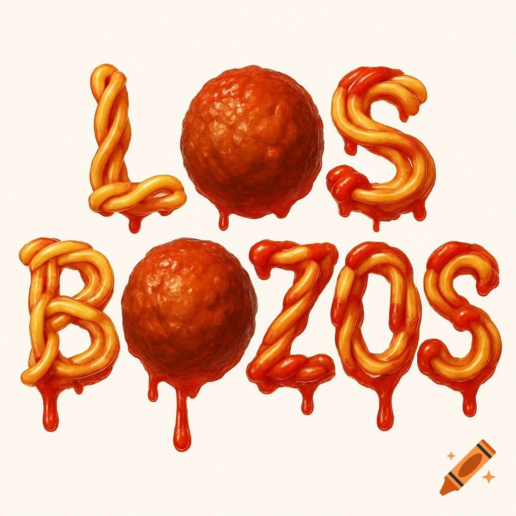 The words 'LOS BOZOS' spelled with spaghetti letters and meatballs dripping red sauce on a white background.